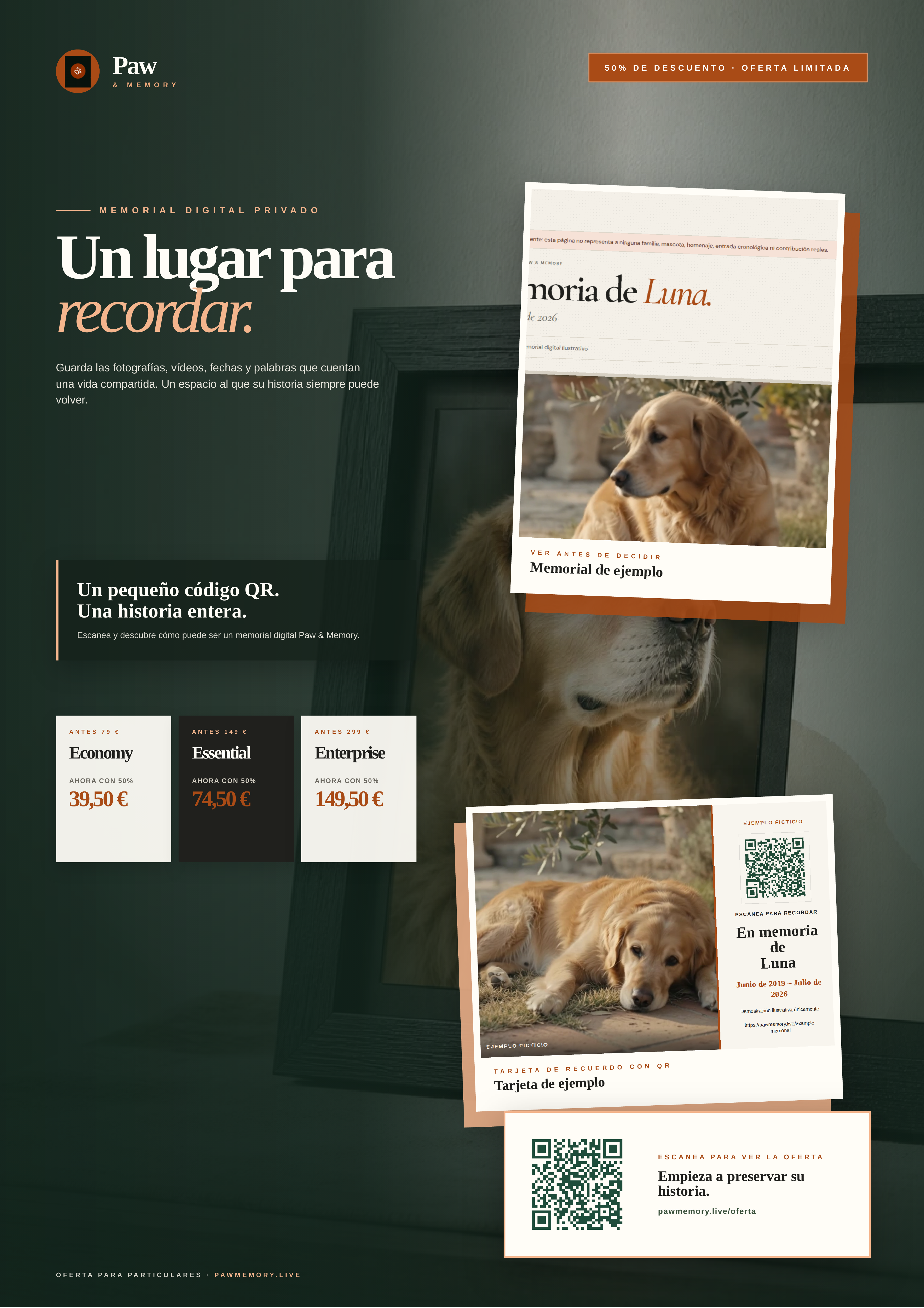 Paw & Memory Spanish A3 family information poster showing the current family access price